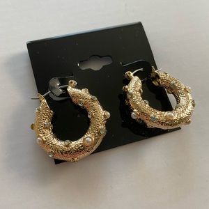 Gold Pearl and Rhinestone Hoop Earrings